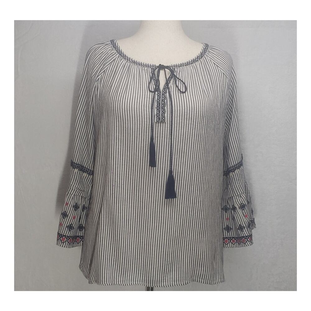 Cotton Bleu Coastal Boho Chic Embroidered Tassel Tunic Top Women L Navy Stripe